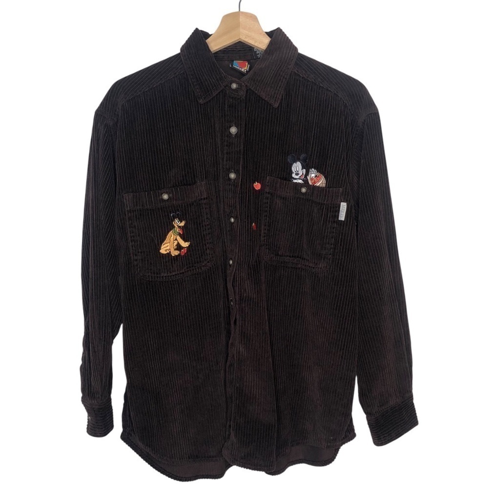 VINTAGE 90s Y2K Disney Mickey Pluto Brown Corduroy Apple Picking Shirt Shacket M